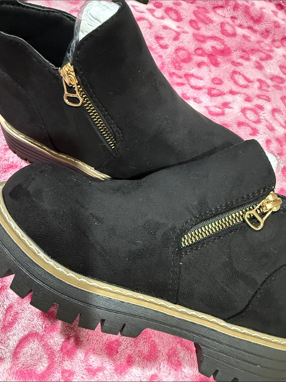 Black Suede Ankle Booties with Gold Zippers - Women